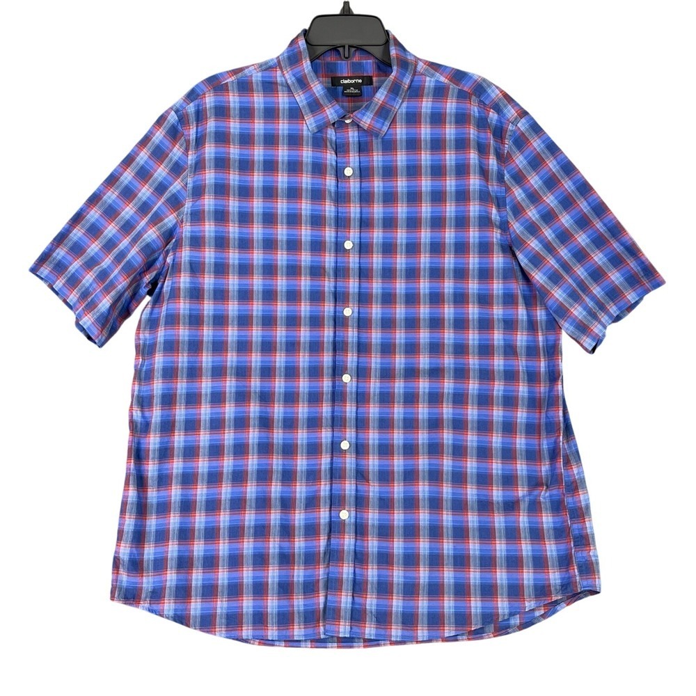 Claiborne Shirt Mens XL Plaid Button Up Short Sleeve Preppy Casual Lightweight